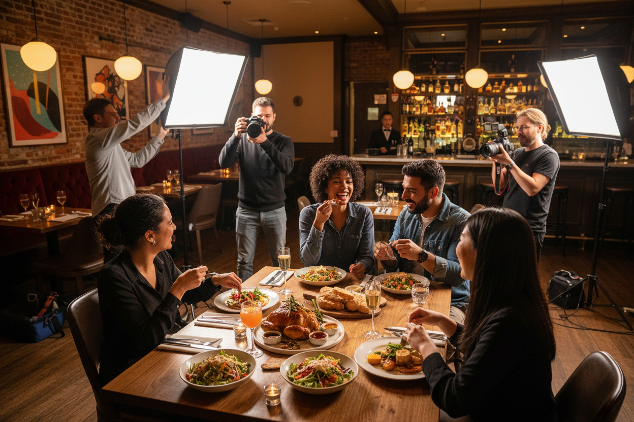 geniere ein bild von leuten bei einem werbe shooting für ein rastaurant. 
